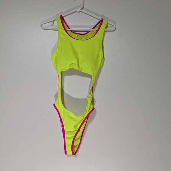 *3/$10* One Piece Swimsuit with Cutouts Neon Yellow Pink Size Medium - Picture 1 of 3